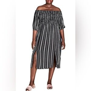 City Chic Stripe Play Off The Shoulder Smocked Midi Dress